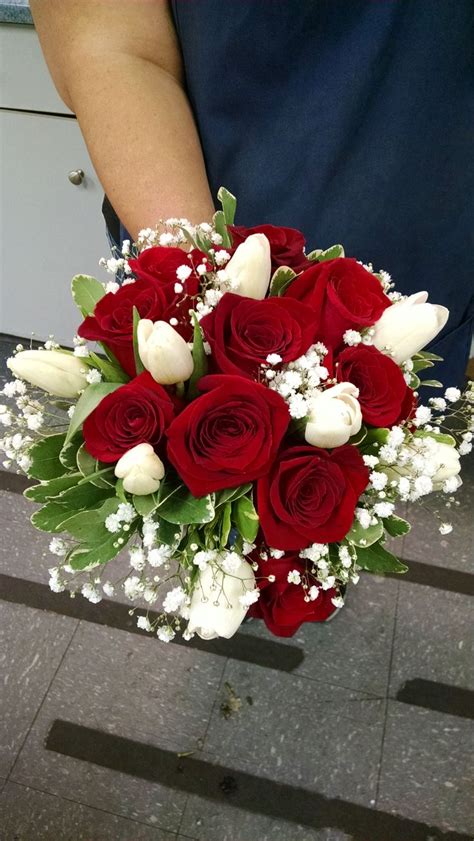 Red Roses, White Tulips, Babies Breath and Pitosporum | Red bouquet wedding, Red rose bouquet ...