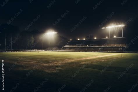 Nighttime cricket field with illuminated stadium lights. Generative AI ...