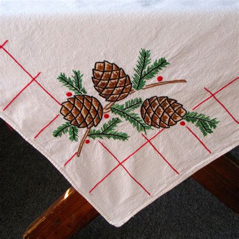 Vintage Christmas Tablecloth Linen Embroidered Pine by KerryCan