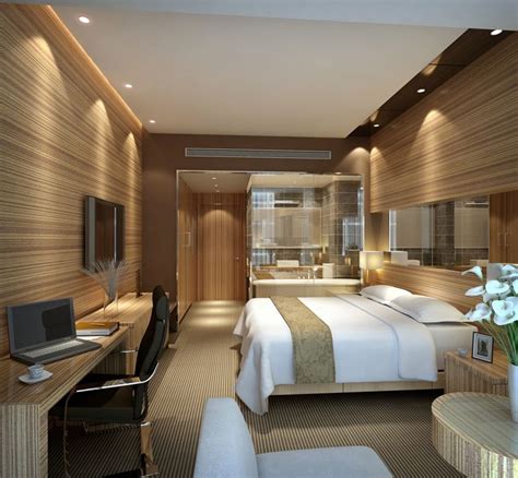 Modern hotel room interior 3d scene with glass bathroom | Hotel room ...