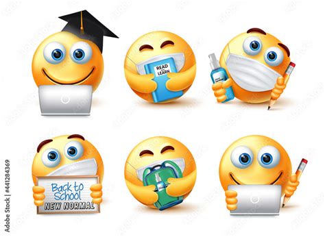 Back to school smiley covid-19 guidelines vector set. Emoticon 3d student characters in covid ...