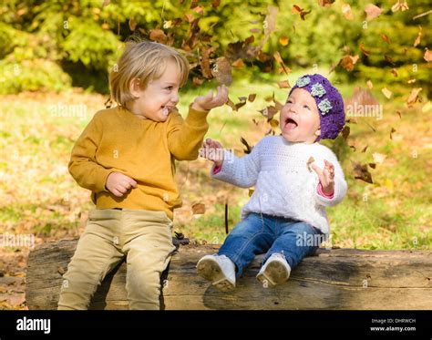 Children throwing leaves in autumn forest Stock Photo - Alamy