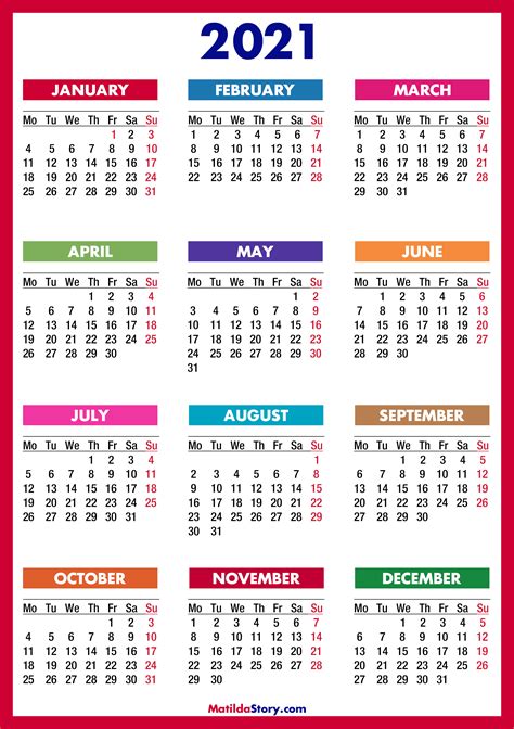 2021 Calendar Printable Free, Colorful, Red, Orange – Monday Start – MatildaStory.com