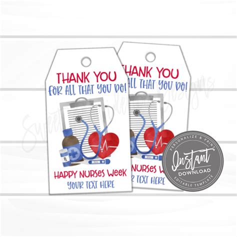 Nurse Appreciation Gift Tag, Thank You Favor Tag Template, DIY Nurse ...