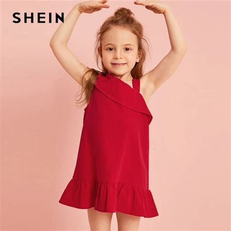 SHEIN Kiddie Toddler Girls Red Asymmetrical Neck Ruffle Hem Cute Dress ...