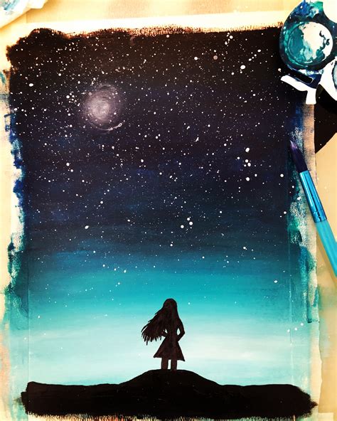 Acrylic Painting, Silhouette - A girl looking at the night sky ...