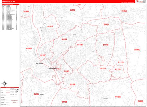 Springfield Massachusetts Zip Code Wall Map (Red Line Style) by MarketMAPS - MapSales