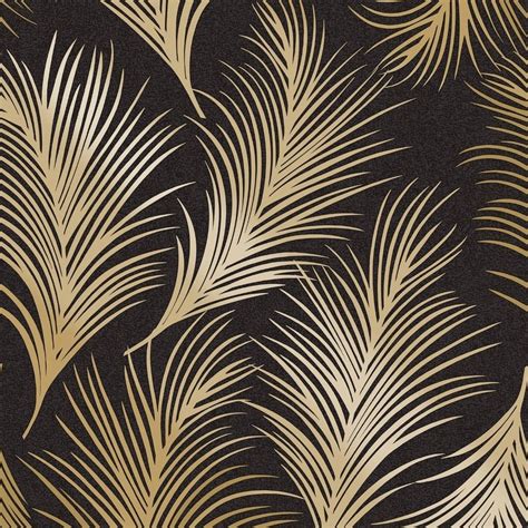 ***Sample Holden Metallic Feather Pattern Black Gold Wallpaper Leaf Motif Modern Textured Exclusi