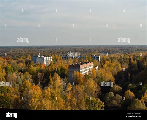 View from roof of ghost town Pripyat, post apocalyptic city, autumn ...