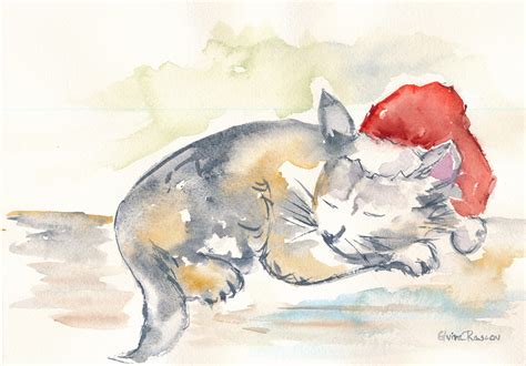 Cat with red Christmas hat watercolor card *New original by Elvira Rascov