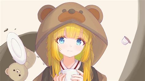 Blue Eyes Yellow Hair Anime Girl Teddy Hat Hood Ears HD Anime Girl ...