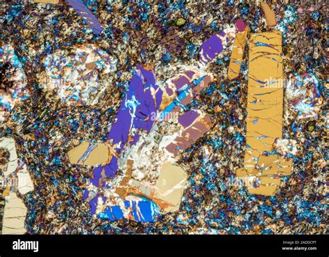 Phonolite mineral rock crystals, polarised light micrograph. This rock ...