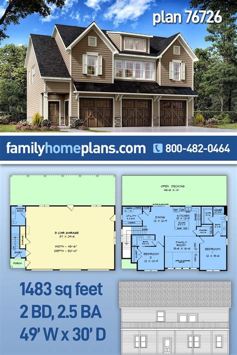 3 Bay Garage-Living Plan With 2 Bedrooms | Garage house plans, Craftsman house plans, Carriage ...