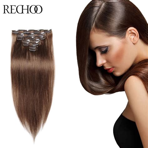 Human Hair Clip Extensions Light Brown Straight Hair Clips Inch 100 Gram 7&10 Pieces 100% Humain ...