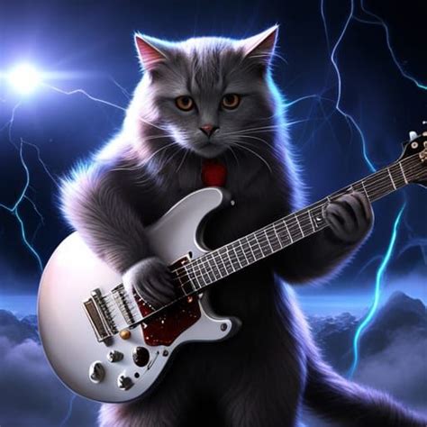 "a grey cat playing electric guitar, smoky, space, foggy effects, amazing masterpiece, detailed ...