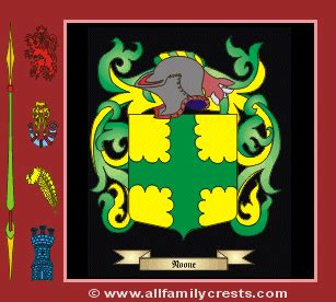 Noone family crest and meaning of the coat of arms for the surname Noone, Noone name origin