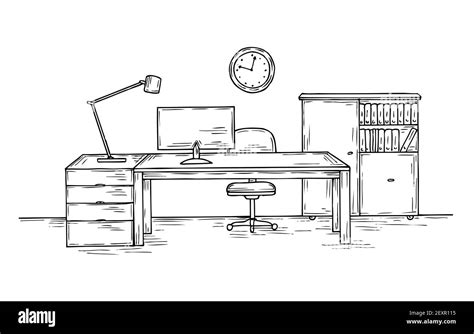 Hand drawn office. Sketch desk with chair computer and lamp. Home ...