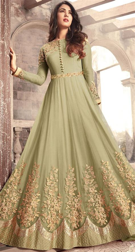 Olive Green Designer Embroidered Net Party Wear Anarkali Suit | Gown ...