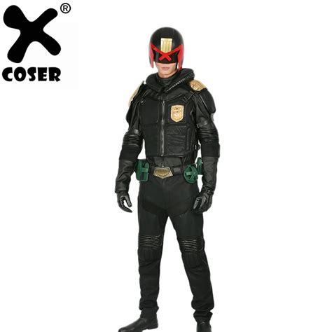 XCOSER Movie: Dredd Cosplay Judge Dredd Costume Black PU Leather Uniform Judge Dredd Halloween ...