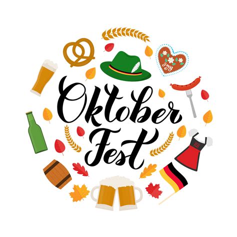 Oktoberfest calligraphy hand lettering with traditional symbols in flat style. Bavarian beer ...