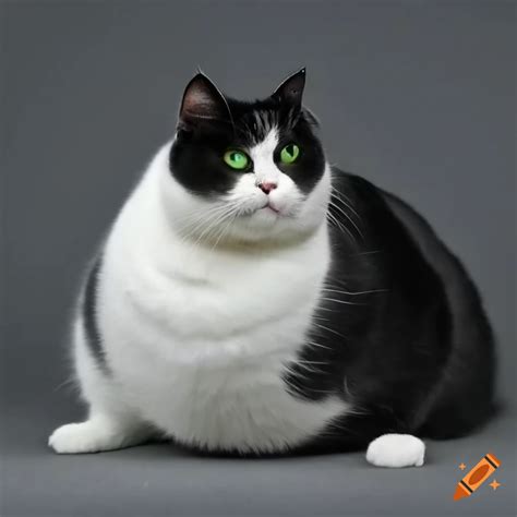 Black and white, very fat, tuxedo cat, realistic, green eyes, hd