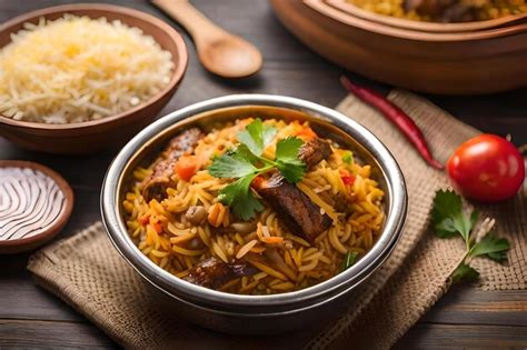 Premium Photo | A bowl of rice with rice and vegetables on a wooden table