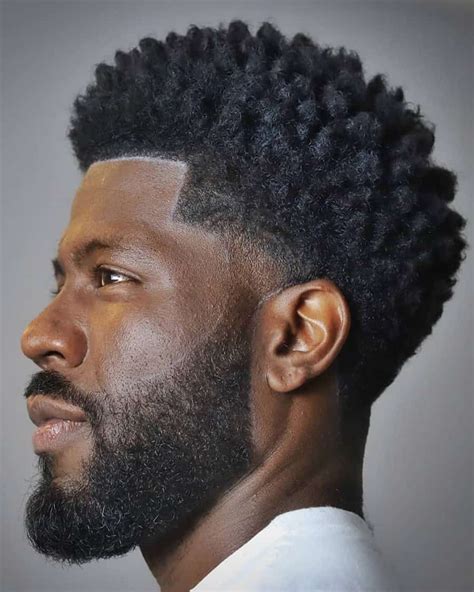 Black men's grown out, medium length shaped afro with low taper fade ...