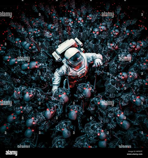 Planeta del terror / 3D ilustración de astronauta rodeado por una horda ...