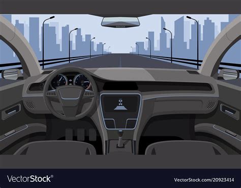 Inside car driver view with rudder, dashboard front panel and highway ...