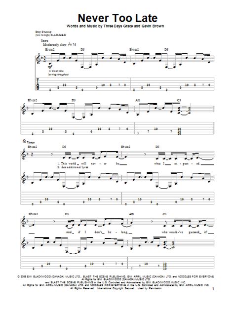 Never Too Late by Three Days Grace Sheet Music for Guitar Tab (Single Guitar) at Sheet Music Direct