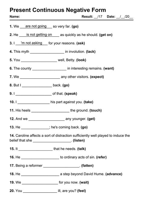 Present Continuous Negative Worksheet