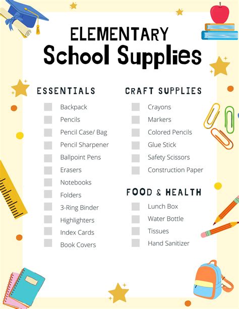 Elementary School Supplies List Back to School Supplies Printable - Etsy