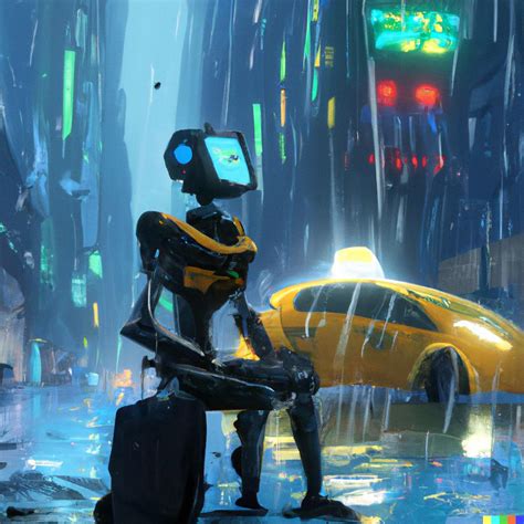 A sad robot sitting in the rain, in a futuristic city with a taxi in the background, digital art ...