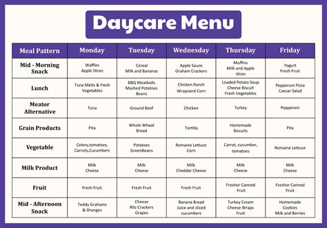 Sample Daycare Menus - 10 Free PDF Printables | Printablee | Daycare menu, Menu template, Menu