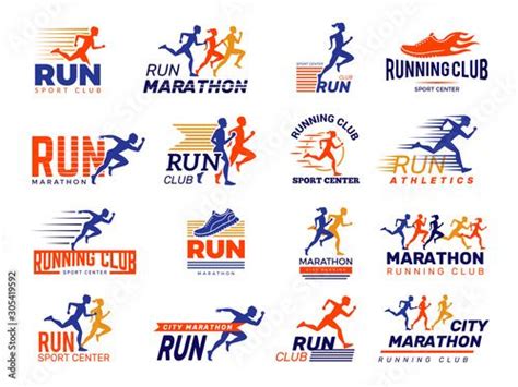 Sport logo. Healthy running marathon athletes sprinting badges vector ...