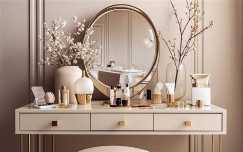 Premium Photo | A vanity with a mirror and a mirror with a white vase ...
