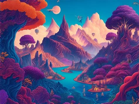 Premium AI Image | A handdrawn illustration of a fantastical landscape full of vibrant colors ...