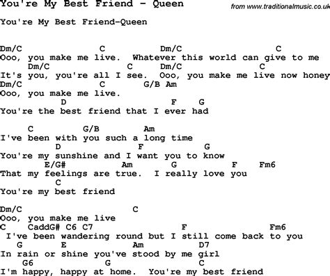 Song You're My Best Friend by Queen, song lyric for vocal performance plus accompaniment chords ...