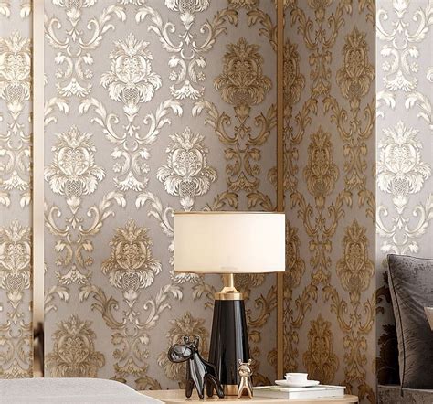 Beige-grey Gold Textured Luxury Classic 3D Damask Wallpaper Bedroom ...