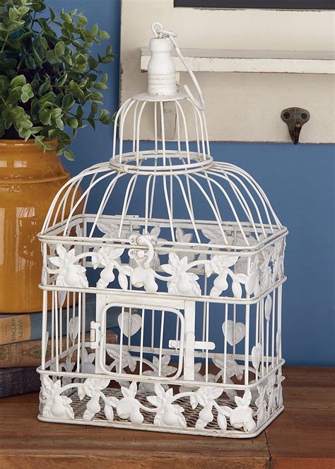 DecMode Distressed White Metallic Decorative Bird Cage with Metal Hook ...