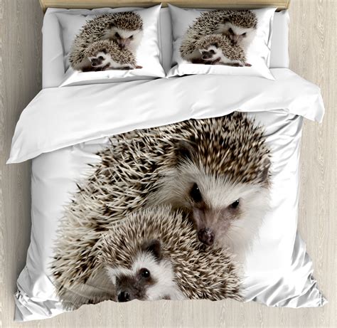 Hedgehog Duvet Cover Set, Atelerix Albiventris Photography with Mother and Children Love and ...