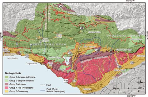 Geologic map of Thomas Fire area, simplified from the geologic map in... | Download Scientific ...