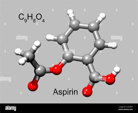 Structure of acetylsalicylic acid or aspirin, a 3D ball-and-stick model, grey background Stock ...