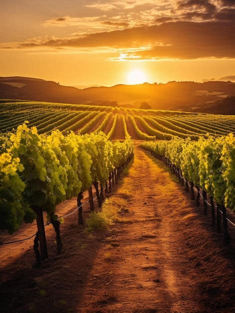 Premium AI Image | a vineyard at sunset with a sunset in the background