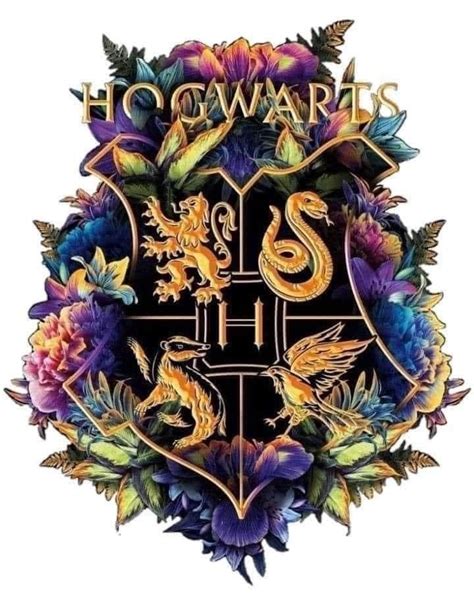 the hogwarts crest is surrounded by flowers and leaves