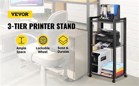 VEVOR Printer Stand, 3-Tier Rolling Printer Cart, Adjustable Storage Shelf Rack on Lockable ...