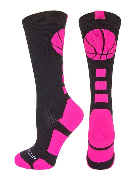 Basketball Socks with Basketball Logo Crew Socks (Black/Neon Pink ...