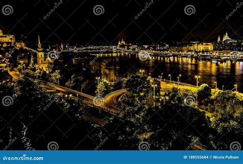 A Panorama View of the River Danube and Budapest at Night Stock Photo ...