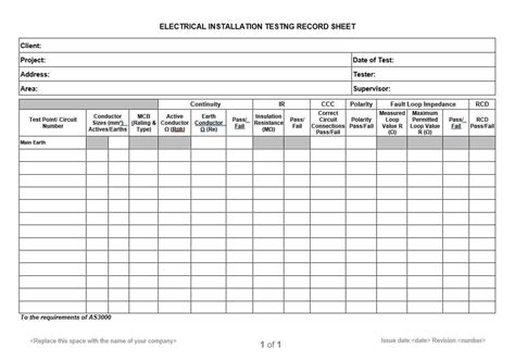 Electrical Installation Testing Record Sheet for Electrical ...