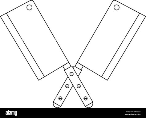 Line art black and white two crossed bbq knifes. Cooking vector illustration for gift card ...